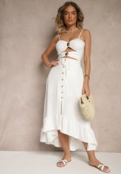 Biała Spódnica z Przedłużonym Tyłem Zdobiona Falbanami i Guzikami Maleira. Białe spódnice damskie Renee, na co dzień, l, z aplikacjami, boho, midi, asymetryczne. Za 49.99 zł.