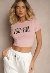 Różowy T-shirt z Bawełny Ozdobiony Łańcuchem i Napisem Olithel. Czerwone t-shirty damskie Renee, m, bez wzorów, z bawełny, bez kołnierzyka, bez ramiączek. Za 39.99 zł.