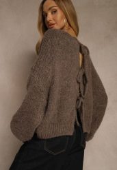 Jasnobrązowy Kardigan z Wełną o Kroju Oversize z Wiązanymi Kokardami Elearina. Brązowe kardigany damskie Renee, bez wzorów, z jeansu, eleganckie, bez kołnierzyka. Za 149.99 zł.