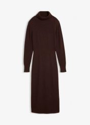 Sukienka dzianinowa z wełny merino. Brązowe sukienki damskie bonprix, na imprezę, na jesień, bez wzorów, z dzianiny, bez kołnierzyka, bez ramiączek. Za 379.99 zł.