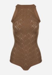 Ciemnobrązowe Body z Wiskozy o Tłoczonej Fakturze Idolina. Brązowe body Born2be, bez wzorów, z jeansu. Za 119.99 zł.