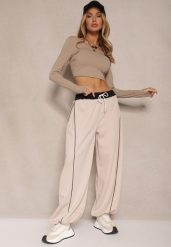 Beżowo-Czarne Dresowe Spodnie z Wiskozą High Waist Ozdobione Lampasami Maiviona. Brązowe spodnie dresowe damskie Renee, bez wzorów, z dresówki, sportowe, z podwyższonym stanem. Za 109.99 zł.