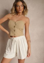 Jasnobeżowe Szorty z Lnem High Waist Ozdobione Wiązaniem Lenielle. Brązowe szorty damskie Renee, bez wzorów, eleganckie, z podwyższonym stanem. Za 39.99 zł.