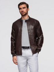 Kurtka męska z imitacji skóry ze stójką - ciemnobrązowa V1 - Rozmiar: L. Brązowe kurtki męskie Ombre Clothing, l, bez wzorów, z materiału, eleganckie, bez kaptura. Za 399.99 zł.