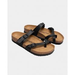 Klapki damskie Birkenstock 071791. Czarne klapki damskie Birkenstock, na lato, bez wzorów, z materiału, eleganckie, bez obcasa, bez zapięcia. Za 684.00 zł.