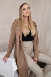 Sweter Kardigan z kapturem camelowy. Brązowe kardigany damskie KESI, l, bez wzorów, z lycry, biznesowe, bez kołnierzyka, plus size. Za 218.51 zł.