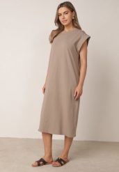 Ciemnobeżowa Sukienka Pudełkowa w Stylu T-shirtowym Zanisea. Brązowe sukienki damskie Born2be, na co dzień, bez wzorów, z materiału, bez kołnierzyka, bez ramiączek, midi, dopasowane. Za 89.99 zł.