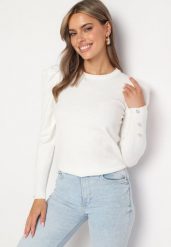Biały Sweter z Dodatkiem Wiskozy z Bufiastymi Rękawami i Guzikami Gavinivia. Białe swetry nierozpinane damskie Born2be, z aplikacjami, z jeansu, eleganckie, bez kołnierzyka, bez ramiączek. Za 99.99 zł.