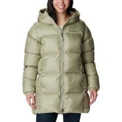 Kurtka sportowa damska Columbia Puffect Mid Hooded Jacket. Zielone kurtki sportowe damskie Columbia, bez wzorów, z materiału, bez ramiączek, z kapturem, trekkingowe. Za 499.99 zł.