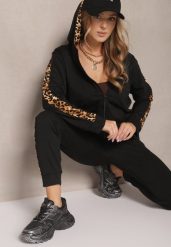 Czarny Komplet Dresowy z Bluzą i Spodniami Zdobionymi Panterką Tirhiris. Czarne bluzy damskie Renee, m, z aplikacjami, z dresówki, eleganckie, bez ramiączek, z kapturem. Za 74.99 zł.