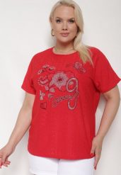 Czerwony Ażurowy T-shirt z Bawełną Ozdobiony Cyrkoniami Deviana. Czerwone t-shirty damskie Born2be, l, w ażurowe wzory, z bawełny, bez kołnierzyka, bez ramiączek. Za 34.99 zł.