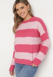 Różowy Sweter w Pasy z Wełną Zakończony Ściągaczem Tiaelle. Czerwone swetry nierozpinane damskie Born2be, bez wzorów, z wełny, klasyczne, bez kołnierzyka, bez ramiączek. Za 129.99 zł.