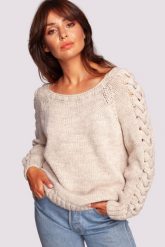 Sweter z Grubym Warkoczem na Rękawach - Beżowy. Brązowe swetry nierozpinane damskie MOE, l, bez wzorów, z materiału, bez kołnierzyka, bez ramiączek. Za 204.58 zł.