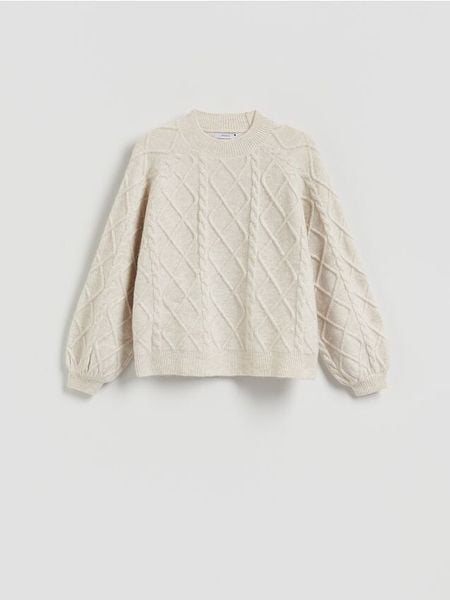 Sweter z domieszką wełny - beżowy. Brązowe swetry nierozpinane damskie Reserved, l, bez wzorów, z dzianiny, bez kołnierzyka, bez ramiączek. Za 139.99 zł.