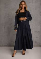 Granatowy Komplet z Bawełniano-Wiskozowej Imitacji Jeansu z Koszulą i Spódnicą z Paskiem Andaig. Niebieskie koszule damskie Renee, m, bez wzorów, z bawełny, eleganckie, bez kołnierzyka, bez ramiączek. Za 259.99 zł.