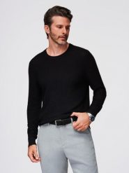 Strukturalny męski sweter z okrągłym dekoltem – czarny V3 - Rozmiar: M. Czarne swetry męskie Ombre Clothing, m, bez wzorów, z dzianiny, casualowe, bez kołnierzyka, bez ramiączek. W wyprzedaży za 142.49 zł.