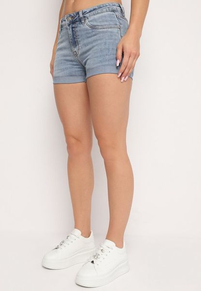 Niebieskie Jeansowe Szorty z Przetarciami i Wysokim Stanem Nirefea. Niebieskie szorty damskie Born2be, bez wzorów, z bawełny, eleganckie, z podwyższonym stanem. Za 54.99 zł.
