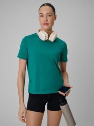 4F Koszulka treningowa loose szybkoschnąca damska - turkusowa XXL. Niebieskie bluzki damskie 4F, xxl, bez wzorów, bez kołnierzyka, bez ramiączek. Za 79.99 zł.