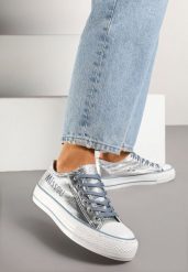 Srebrno-Niebieskie Trampki pod Kostkę Ozdobione Napisem i Brokatem Terlevia. Szare trampki i tenisówki damskie Born2be, bez wzorów, z jeansu, bez zapięcia. Za 69.99 zł.