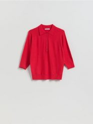 Sweter polo z wiskozą - czerwony. Czerwone swetry nierozpinane damskie Reserved, l, bez wzorów, z dzianiny, bez kołnierzyka, bez ramiączek. Za 99.99 zł.