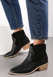 Czarne Botki Kowbojki z Nitami Egochis. Czarne botki damskie Renee, bez wzorów, z jeansu, eleganckie, bez obcasa, na obcasie, bez zapięcia. Za 79.99 zł.
