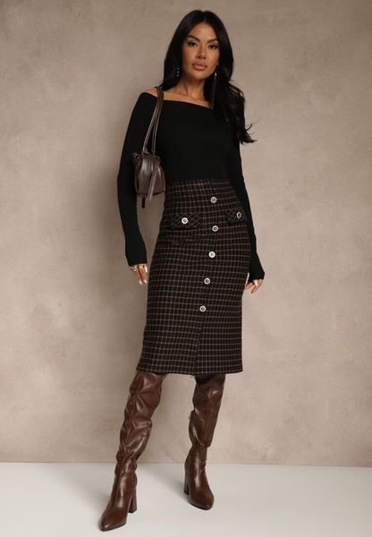 Czarna Tweedowa Spódnica Ołówkowa w Kratę z Guzikami Aretusa. Czarne spódnice damskie Renee, do pracy, m, bez wzorów, biznesowe, z podwyższonym stanem, midi, ołówkowe. Za 69.99 zł.