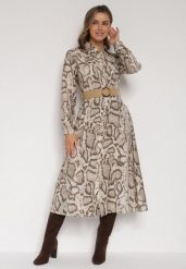 Beżowa Sukienka Koszulowa z Wiskozą Zdobiona Paskiem i Wzorem w Węża Delane. Brązowe sukienki damskie Born2be, do pracy, l, z aplikacjami, z materiału, biznesowe, bez kołnierzyka, bez ramiączek, midi, koszulowe. Za 129.99 zł.