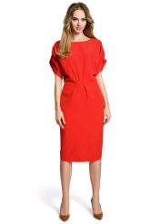 Czerwona Koktajlowa Sukienka Typu Kimono z Zakładkami. Czerwone sukienki damskie MOE, l, bez wzorów, z elastanu, wizytowe, bez kołnierzyka, bez ramiączek. Za 223.90 zł.