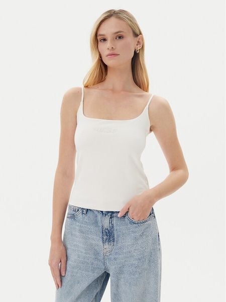 Guess Top V5GP22 J1314 Biały Slim Fit. Białe topy damskie Guess, xl, z aplikacjami, z bawełny, bez kołnierzyka, bez ramiączek. Za 109.99 zł.