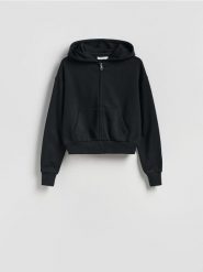 Rozpinana bluza - czarny. Czarne bluzy damskie Reserved, l, bez wzorów, z bawełny, bez ramiączek, bez kaptura. Za 109.99 zł.