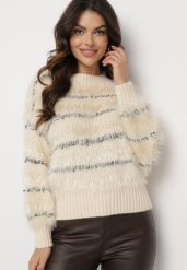Beżowy Sweter w Paseczki z Wiskozą o Długim Włosiu Nerlina. Brązowe swetry nierozpinane damskie Born2be, s, bez wzorów, z jeansu, biznesowe, bez kołnierzyka, bez ramiączek. Za 89.99 zł.