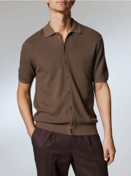 Rozpinany sweter polo - brązowy. Brązowe swetry męskie Reserved, l, bez wzorów, z bawełny, bez kołnierzyka, bez ramiączek. Za 139.99 zł.