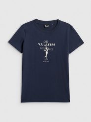 4F T-shirt regular z nadrukiem damski - granatowy XXL. Niebieskie t-shirty damskie 4F, xxl, bez wzorów, bez kołnierzyka, bez ramiączek. Za 49.99 zł.