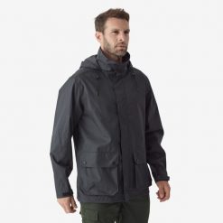 Kurtka 500 wodoodporna. Szare kurtki męskie SOLOGNAC, uniwersalny, bez wzorów, z materiału, sportowe, bez kaptura. Za 229.99 zł.
