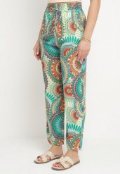 Zielone Bawełniane Spodnie o Szerokim Kroju z Wysokim Stanem ze Wzorem Boho Zarrive. Zielone spodnie materiałowe damskie Born2be, bez wzorów, z bawełny, boho, z podwyższonym stanem. Za 29.99 zł.