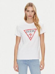 Guess T-Shirt W2BI69 K8FQ1 Biały Regular Fit. Białe t-shirty damskie Guess, xs, z aplikacjami, z bawełny, bez kołnierzyka, bez ramiączek. Za 89.99 zł.