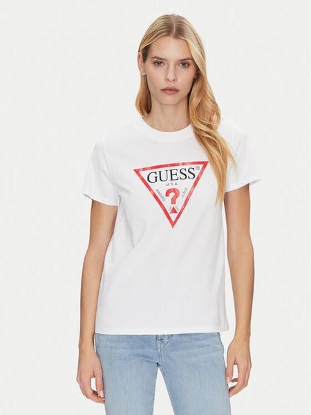 Guess T-Shirt W2BI69 K8FQ1 Biały Regular Fit. Białe t-shirty damskie Guess, xs, z aplikacjami, z bawełny, bez kołnierzyka, bez ramiączek. Za 79.99 zł.