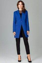 Szafirowy Długi Elegancki Żakiet na Jeden Guzik. Niebieskie marynarki i żakiety damskie Katrus, bez wzorów, z materiału, eleganckie, bez kołnierzyka, bez ramiączek. Za 299.00 zł.