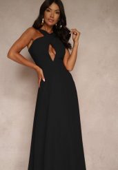 Czarna Koktajlowa Sukienka z Wiskozą i Dekoltem Halter Dolmanna. Czarne sukienki damskie Renee, l, bez wzorów, z wiskozy, eleganckie, bez kołnierzyka, bez ramiączek, maxi. Za 74.99 zł.