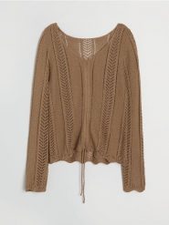 Ażurowy sweter ze ściągaczem - brązowy. Brązowe swetry nierozpinane damskie Sinsay, l, w ażurowe wzory, bez kołnierzyka, bez ramiączek. Za 49.99 zł.