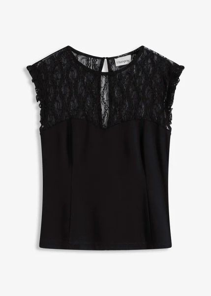 Top z koronką. Czarne topy damskie bonprix, bez wzorów, z koronki, eleganckie, bez kołnierzyka, bez ramiączek. Za 77.99 zł.