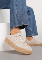 Beżowe Zamszowe Sneakersy Tenisówki z Wkładką ze Skóry Naturalnej Ozdobione Tłoczeniem Meluella. Brązowe trampki i tenisówki damskie Renee, bez wzorów, z jeansu, bez zapięcia. Za 189.99 zł.