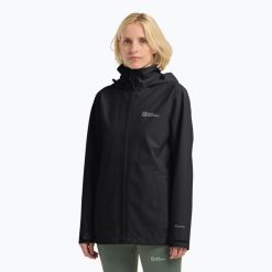 Kurtka przeciwdeszczowa damska Jack Wolfskin Trailtime 2L. Czarne kurtki sportowe damskie Jack Wolfskin, l, bez wzorów, bez ramiączek, bez kaptura, trekkingowe. Za 449.99 zł.