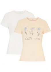 T-shirt basic z nadrukiem (2 szt.). Brązowe t-shirty damskie bonprix, bez wzorów, bez kołnierzyka, bez ramiączek. Za 49.98 zł.