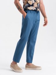 Męskie spodnie podwijane chino z dodatkiem lnu – niebieski denim V5 OM-PACP-0198 - XXL. Niebieskie eleganckie spodnie męskie Ombre Clothing, bez wzorów, z bawełny. Za 209.99 zł.