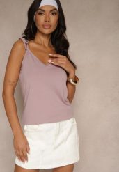 Fioletowy Top z Bawełną i Modalem z Wiązaniem przy Ramiączkach Lileria. Fioletowe topy damskie Renee, l, bez wzorów, z bawełny, wizytowe, bez kołnierzyka, bez ramiączek. Za 34.99 zł.