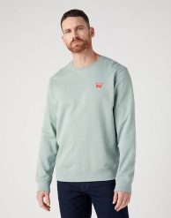WRANGLER SIGN OFF CREW MĘSKA BLUZA BEZ KAPTURA NIEROZPINANA PRZEZ GŁOWĘ GREEN MILIEU W661I3G63. Zielone bluzy męskie Wrangler, m, bez wzorów, bez ramiączek, bez kaptura. Za 129.99 zł.