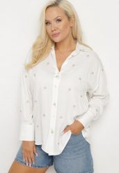 Biała Koszula z Wiskozą w Drobne Hafty Navellea. Białe koszule damskie Born2be, plus size, bez wzorów, z jeansu, eleganckie, bez kołnierzyka, bez ramiączek. Za 84.99 zł.