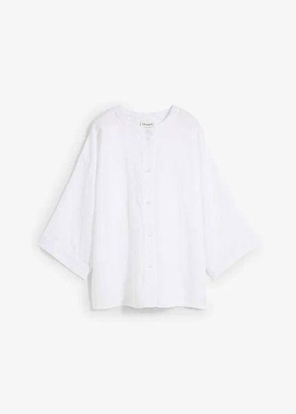 Bluzka oversize z czystego lnu. Niebieskie bluzki damskie bonprix, bez wzorów, ze lnu, eleganckie, bez kołnierzyka, bez ramiączek. Za 149.99 zł.