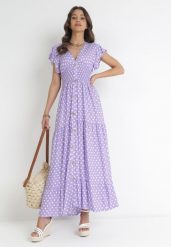 Fioletowa Sukienka Maxi w Groszki z Szeroką Gumką w Pasie Khalsa. Fioletowe sukienki damskie Born2be, l, bez wzorów, bez kołnierzyka, bez ramiączek, maxi. Za 74.99 zł.